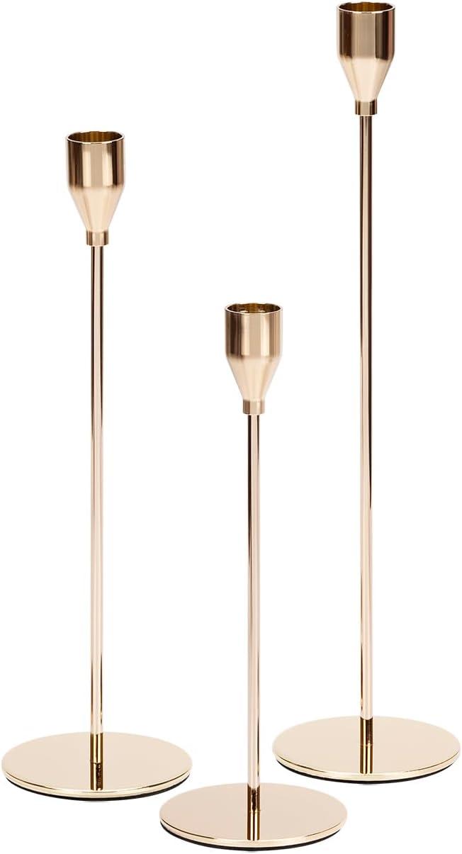 Metal Gold Taper Candle Holder for Wedding, Dinning, Party, 9.5inch, 11.4inch,13.4inch Thick Candle&Led Candles (Set of 3 Pcs)