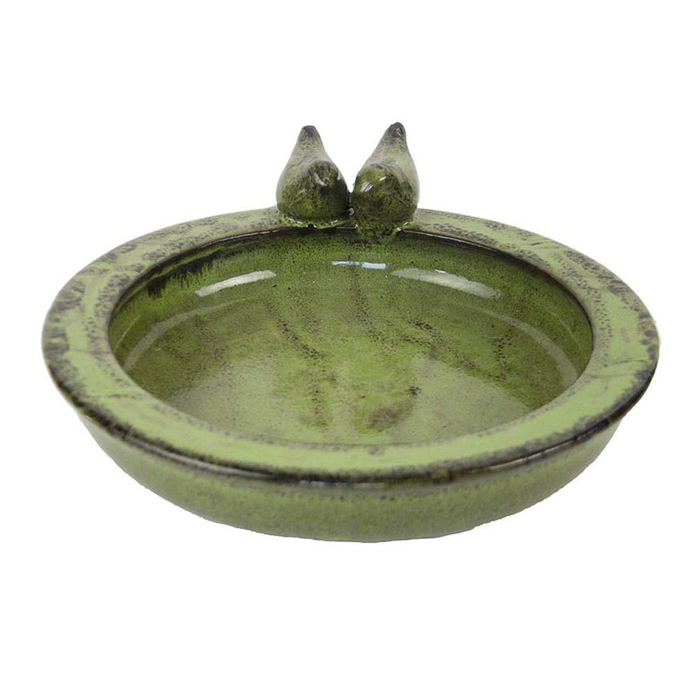 Green Ceramic Round Bird Bath with Perched Birds