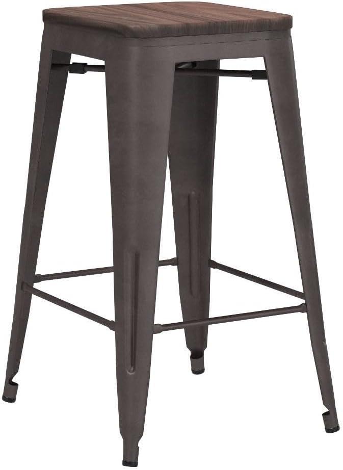 Rustic Industrial 26" Metal Bar Stools with Wooden Seats, Set of 4