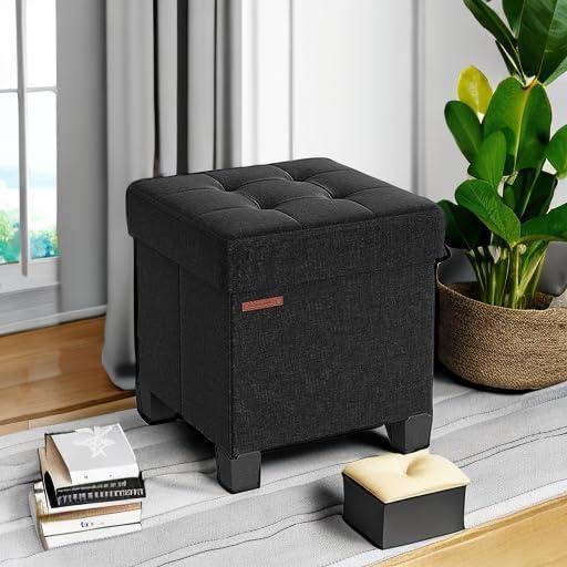 15" Black Linen Storage Ottoman with Plastic Feet