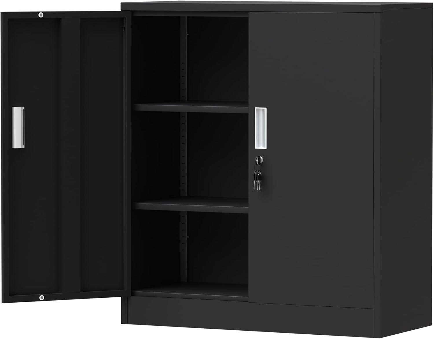 Metal Storage Cabinets with Shelves and Doors, Steel Locking Storage Cabinet for Home Office, Garage, Utility Room and Basement, 36.2" H x 31.5" W x 15.7" D (Black)