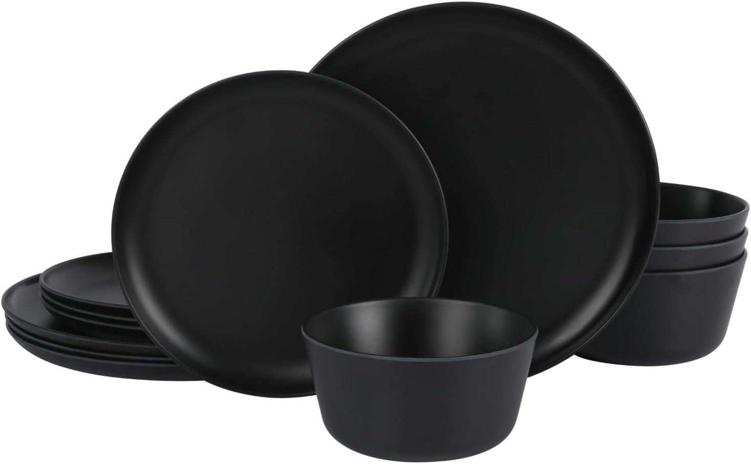 Matte Black Melamine 12-Piece Dinnerware Set for 4