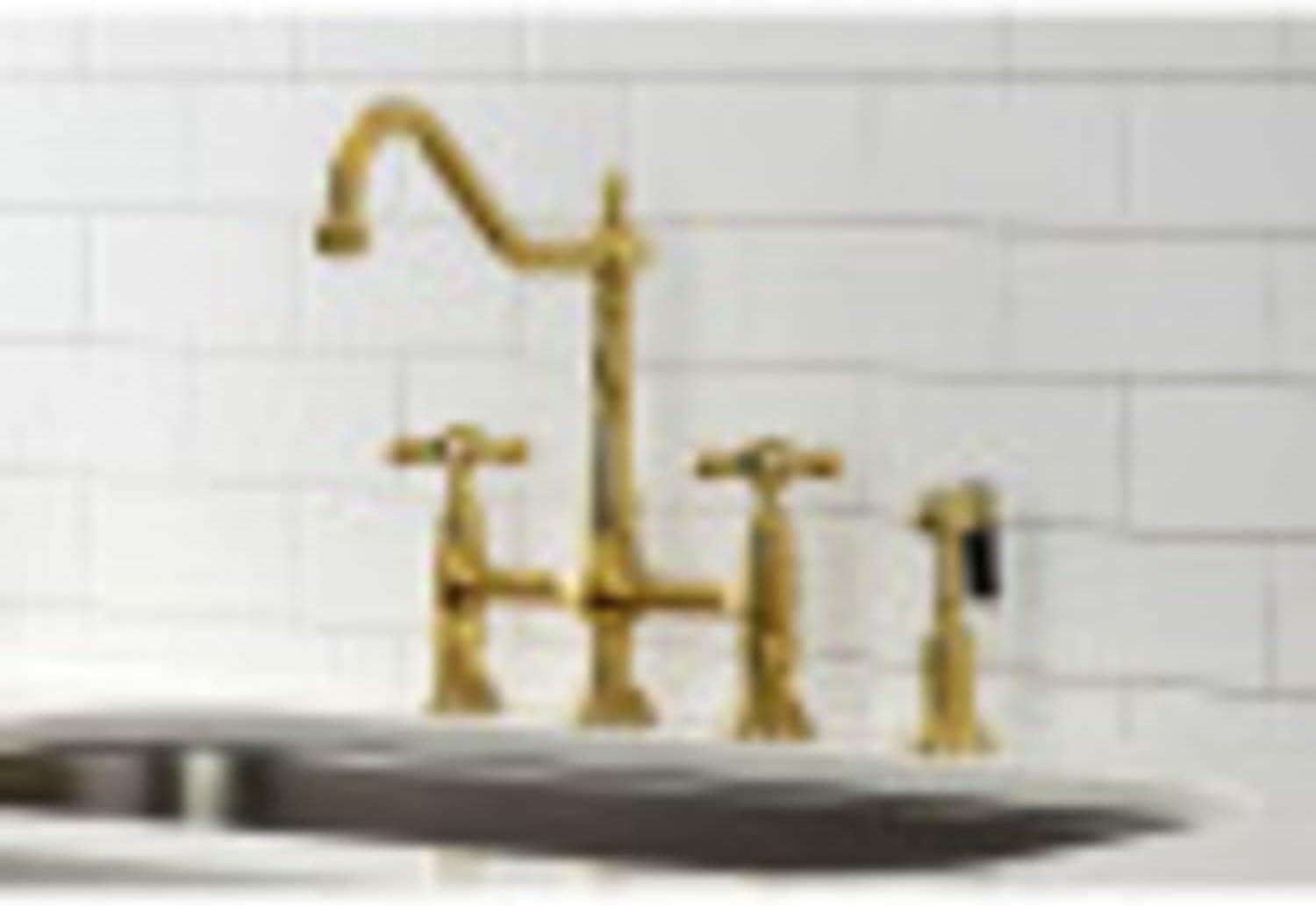 Kingston Brass Heritage Two-Handle 4-Hole Deck Mount Bridge Kitchen Faucet with Brass Side Sprayer