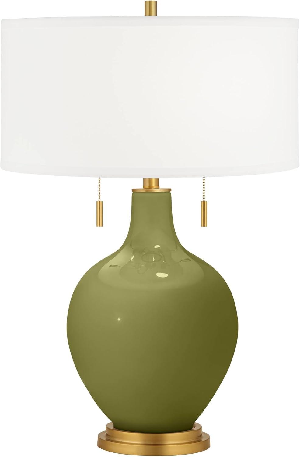 Color + Plus Toby 28" Tall Modern Glass Table Lamp Pull Chain Rural Green Gold Brass Finish Single Fabric White Shade Living Room Bedroom Bedside Nightstand House Office Family Reading Kitchen
