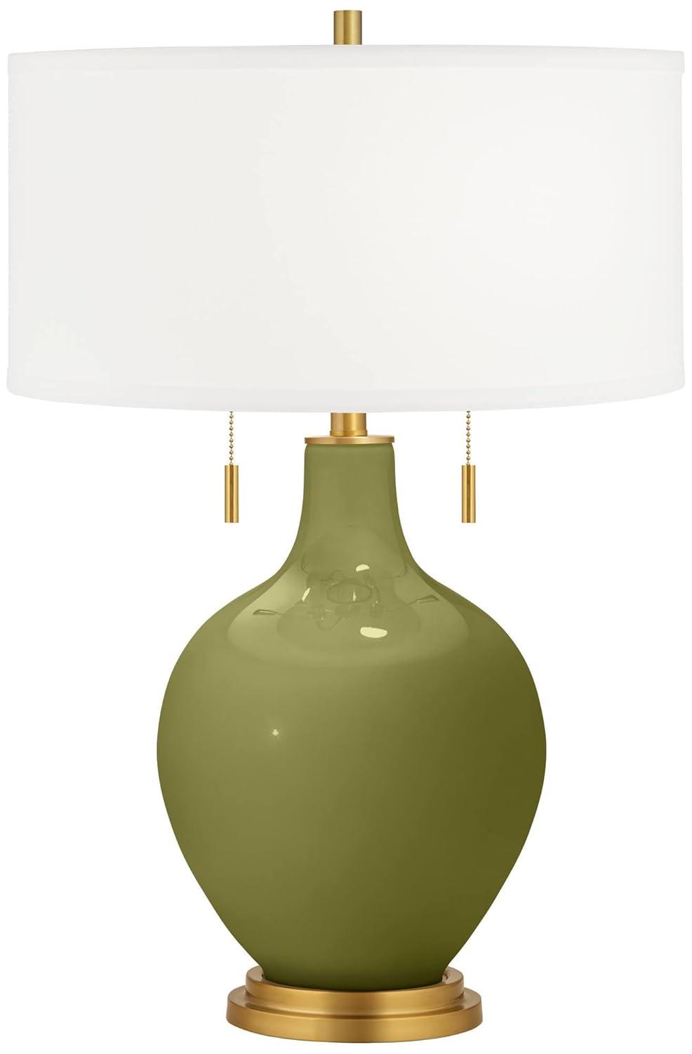 Color + Plus Toby 28" Tall Modern Glass Table Lamp Pull Chain Rural Green Gold Brass Finish Single Fabric White Shade Living Room Bedroom Bedside Nightstand House Office Family Reading Kitchen