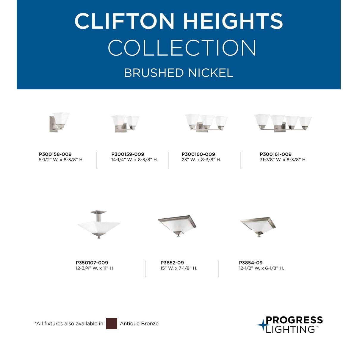 Progress Lighting Clifton Heights 3-Light Bath Vanity Fixture, Brushed Nickel, Etched Square Glass Shade
