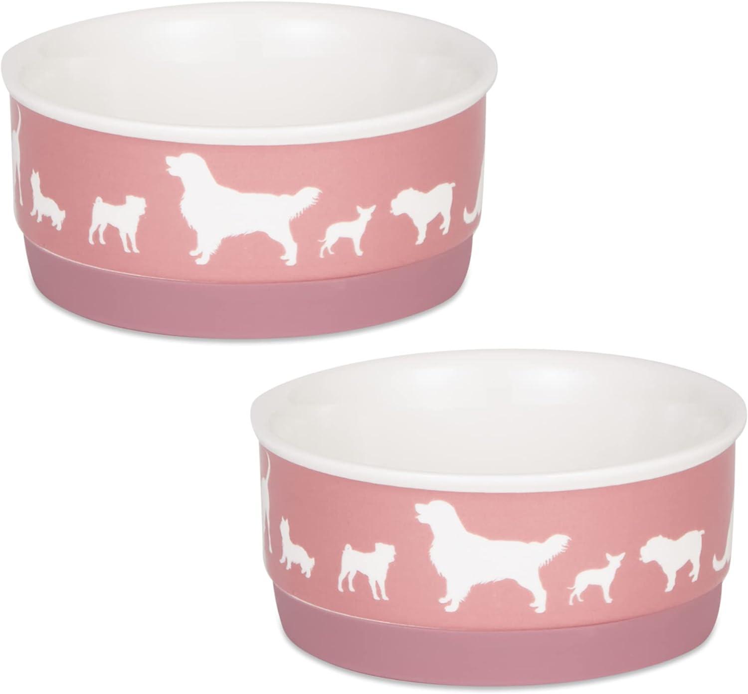 Rose Ceramic Pet Bowls with Non-Skid Silicone Base, Set of 2