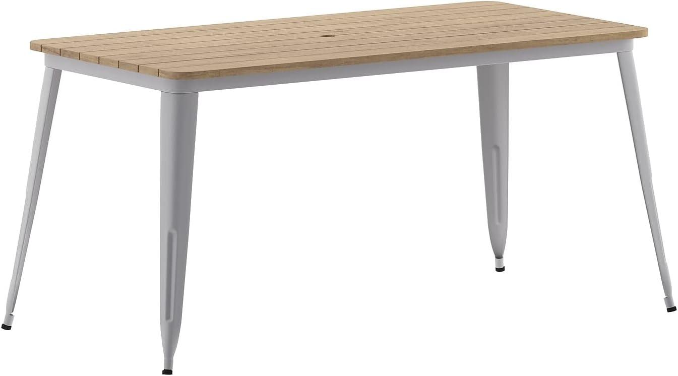 Flash Furniture Declan Commercial Indoor/Outdoor Dining Table with Umbrella Hole, 30" x 60" All Weather Brown Poly Resin Top and Silver Steel Base