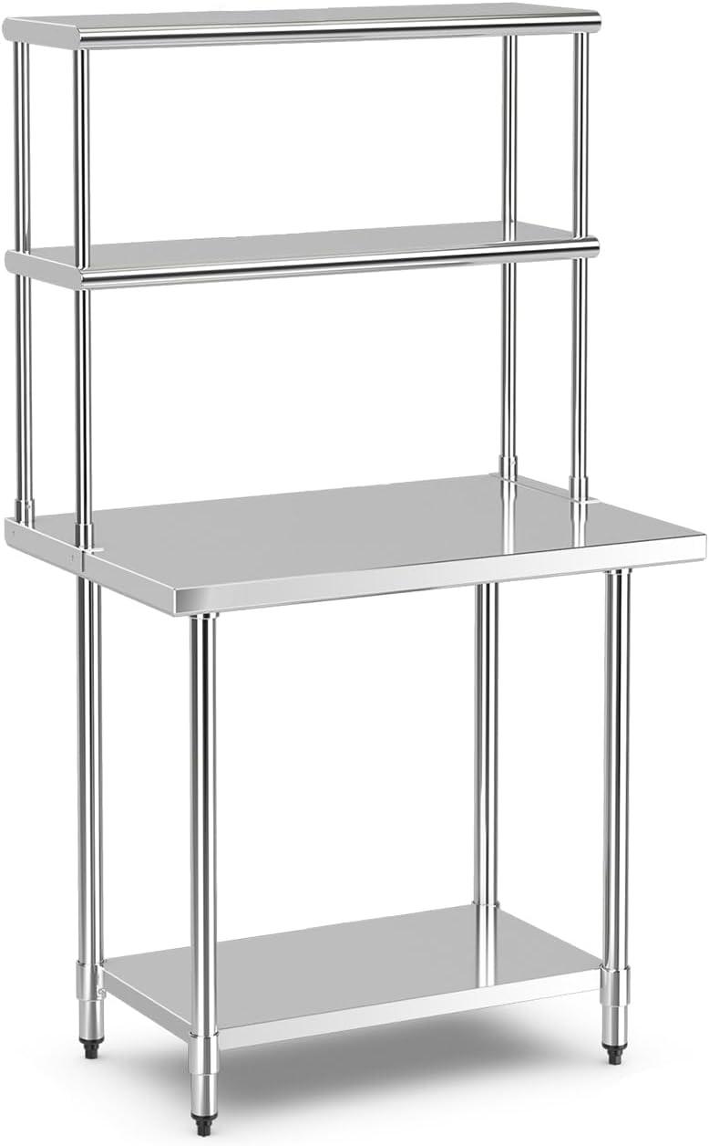 Costway Stainless Steel Table with Overshelves 36'' X 24'' Work Table with 36'' X 12'' Shelf