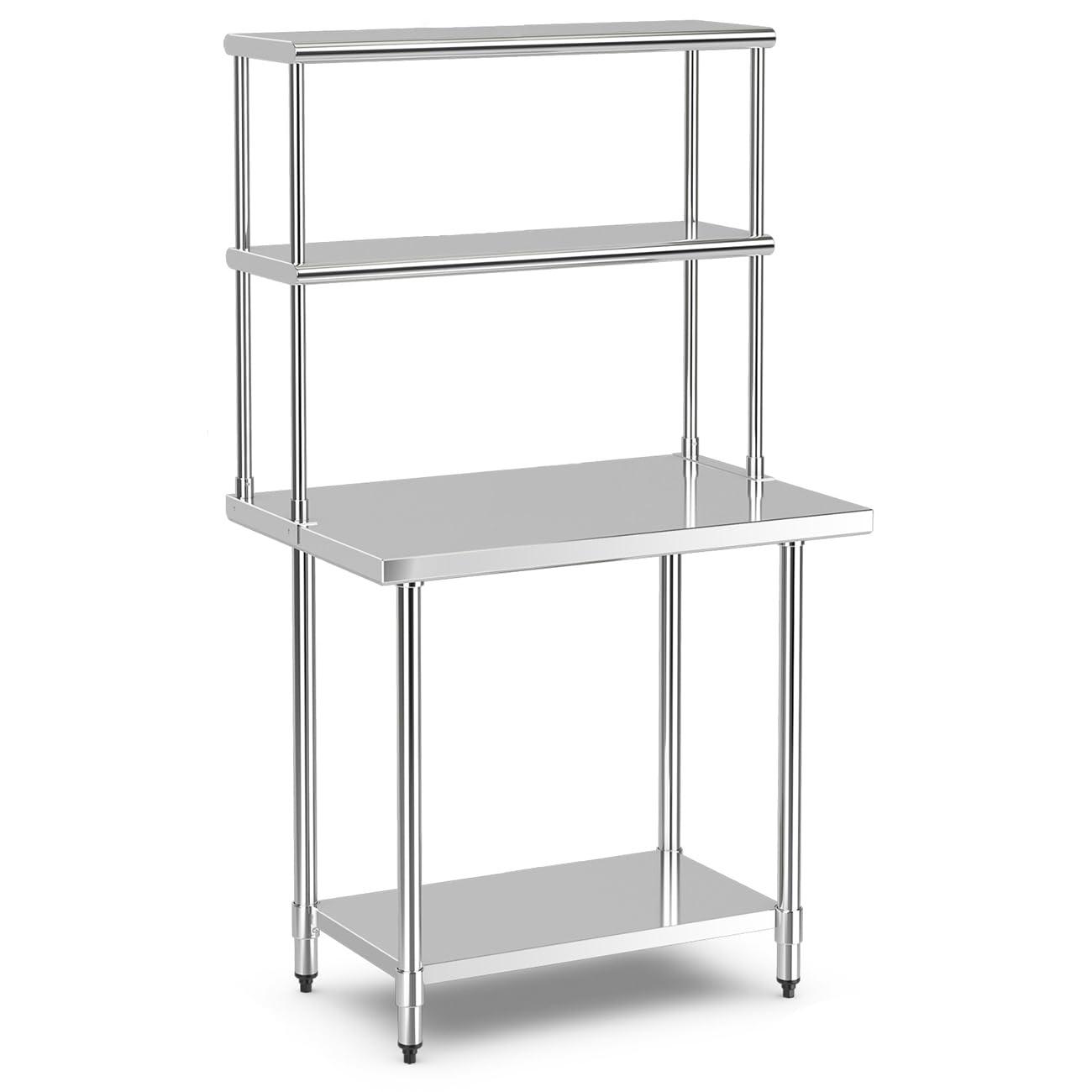 Costway Stainless Steel Table with Overshelves 36'' X 24'' Work Table with 36'' X 12'' Shelf