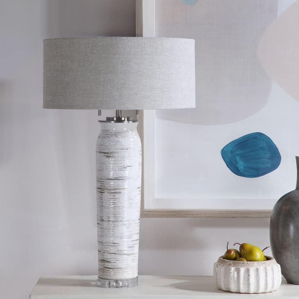 Distressed Off-White Ceramic Table Lamp with Drum Shade