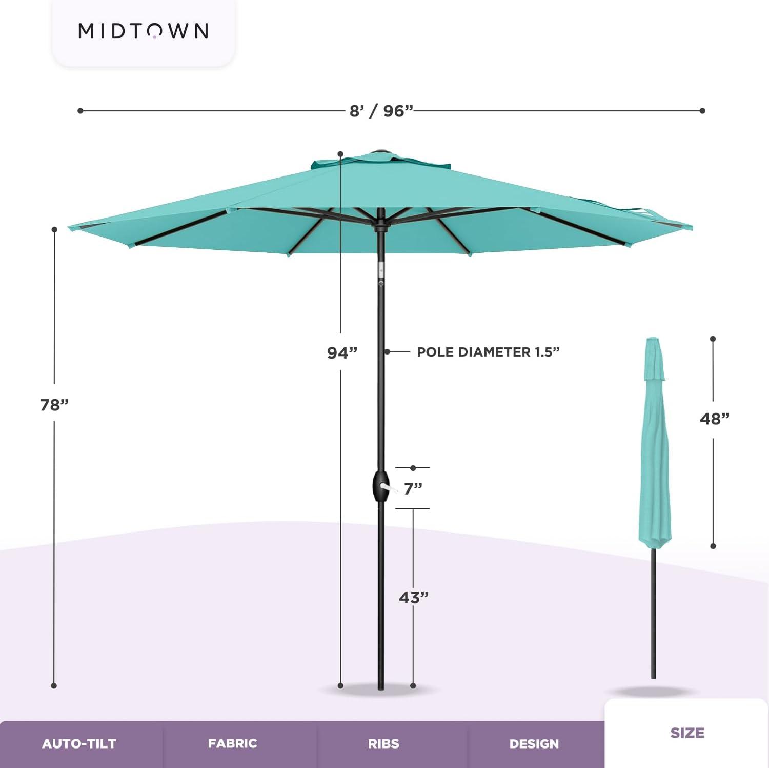 Midtown Umbrellas Sunbrella Umbrella 8 Feet Outdoor Umbrella With Sunbrella Canvas Navy Acrylic Fabric - Auto-Tilt Aluminum Frame Patio Umbrella For Backyard, Deck, Garden, Pool - Black Pole