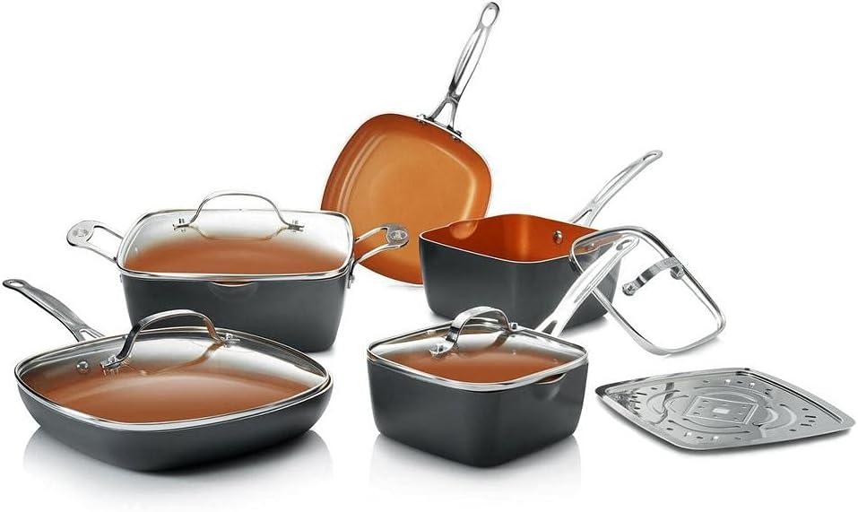 Gotham Steel Pots and Pans Set, 10 Piece Square Design with Ultra Nonstick Ceramic Coating, Includes Skillets, Sauce Pan, Stock Pot, Stainless Steel Steamer, Dishwasher Safe, Graphite