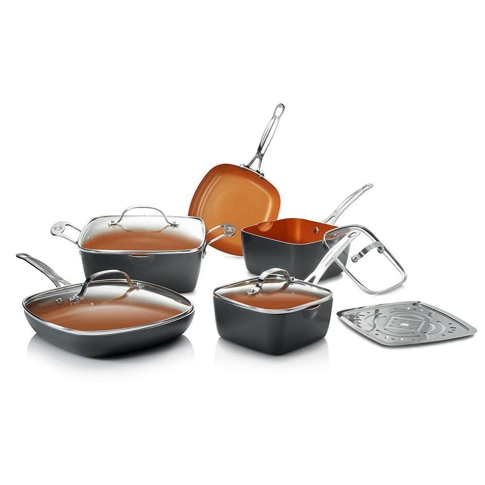 Gotham Steel Pots and Pans Set, 10 Piece Square Design with Ultra Nonstick Ceramic Coating, Includes Skillets, Sauce Pan, Stock Pot, Stainless Steel Steamer, Dishwasher Safe, Graphite
