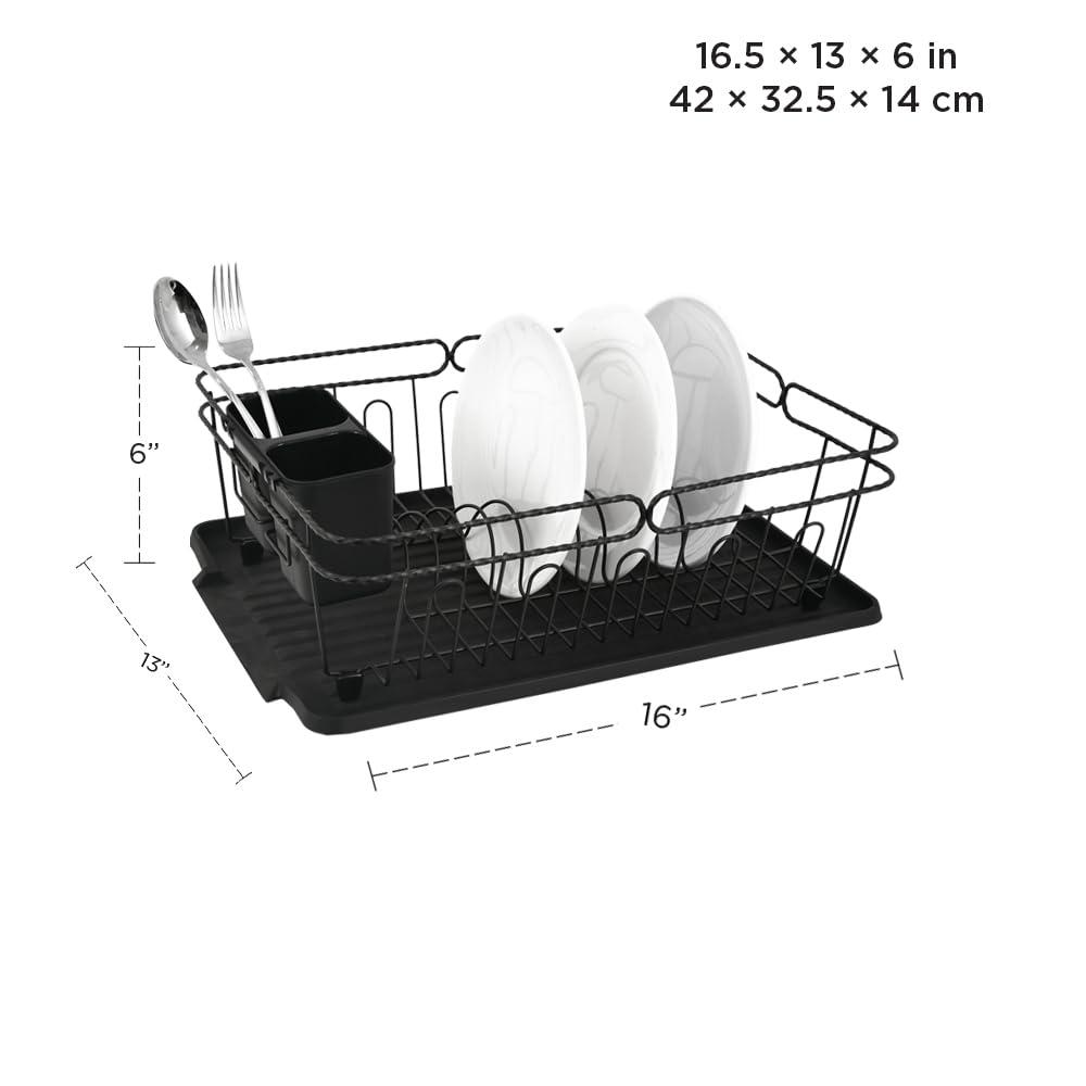 Trio Home Stainless Twist Design 3-Piece Dish Drying Drainer Rack, Removable Utensil Holder and Drainboard - Black/Black Twist