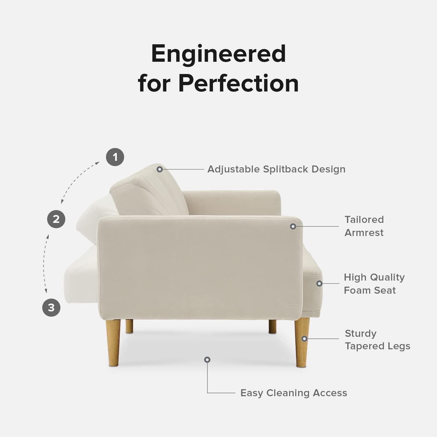 Mopio Chloe Futon Sofa Bed, Limited Edition Snow Velvet Sleeper Sofa with Tapered Legs. 77.5"
