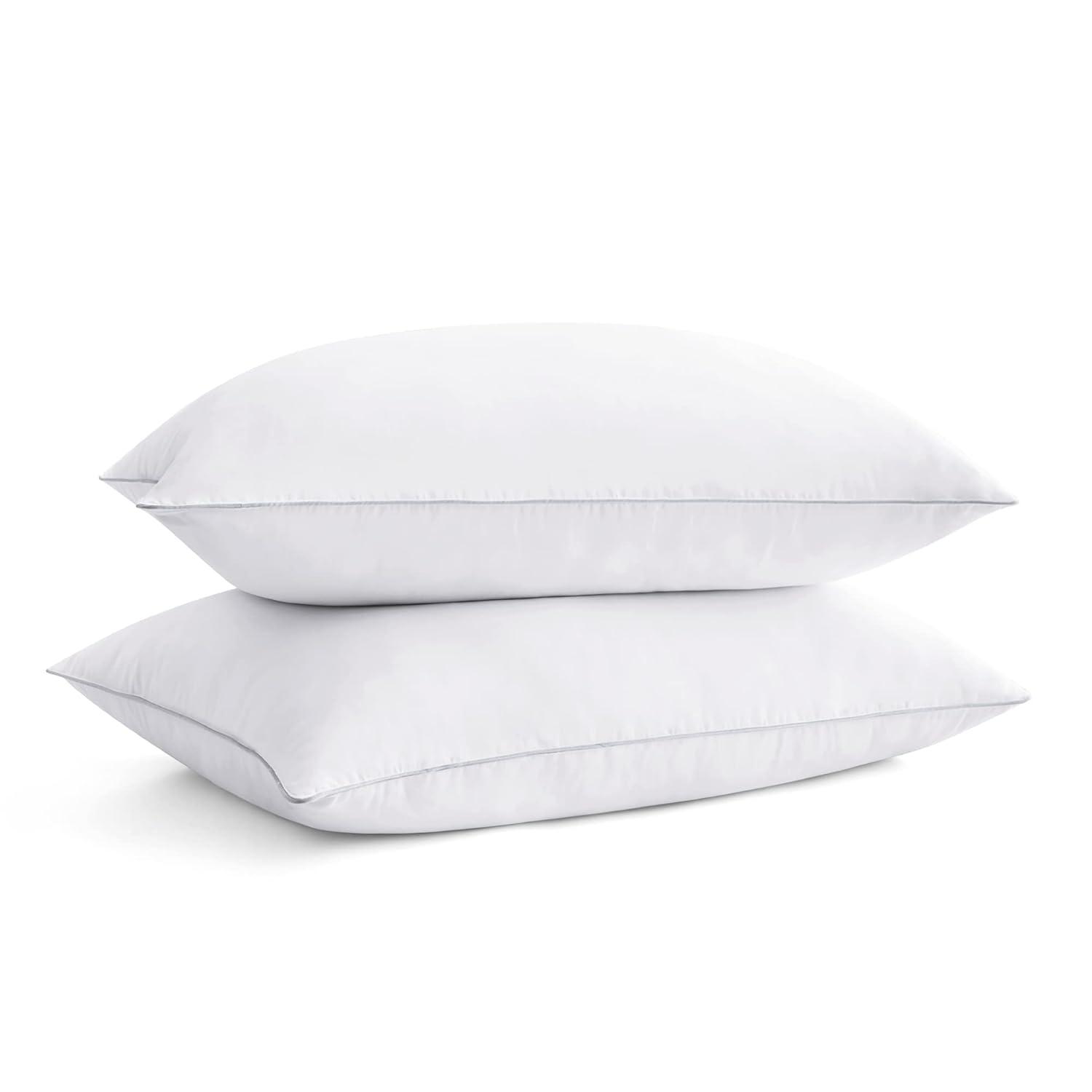 puredown® Goose Feathers Bed Pillows, 100% Cotton Cover, Queen Size Hotel Collection Pillows Set of 2 for Sleeping with Silver Piping, Feather and Polyester Filling