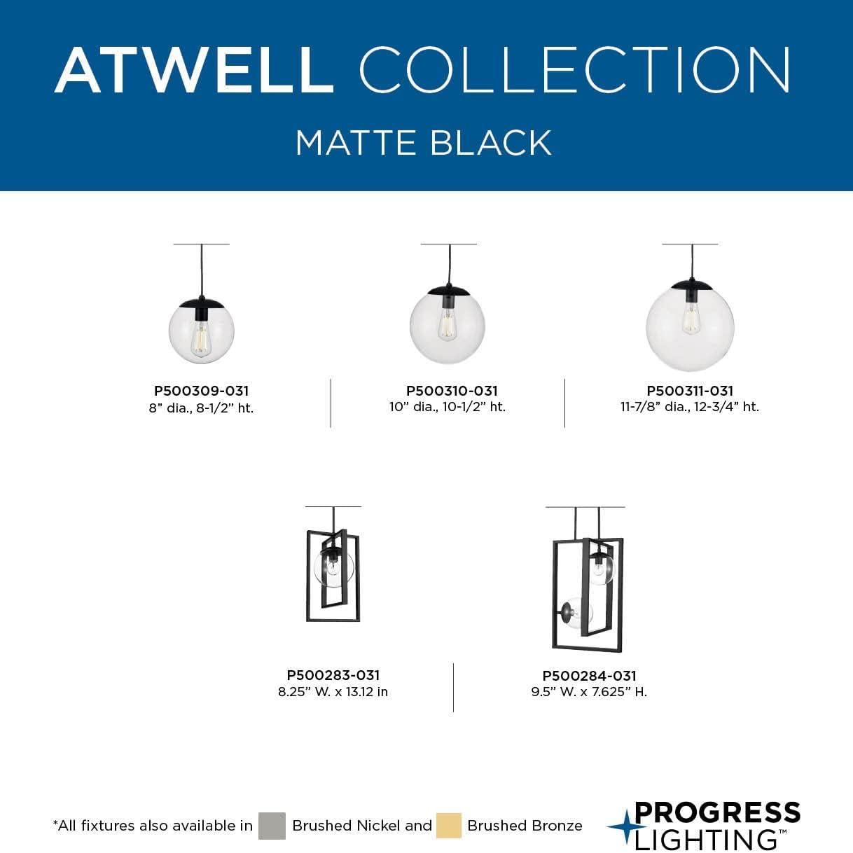 Progress Lighting, Atwell Collection, 1-Light, Pendant Light, Matte Black, Glass Globe Shade