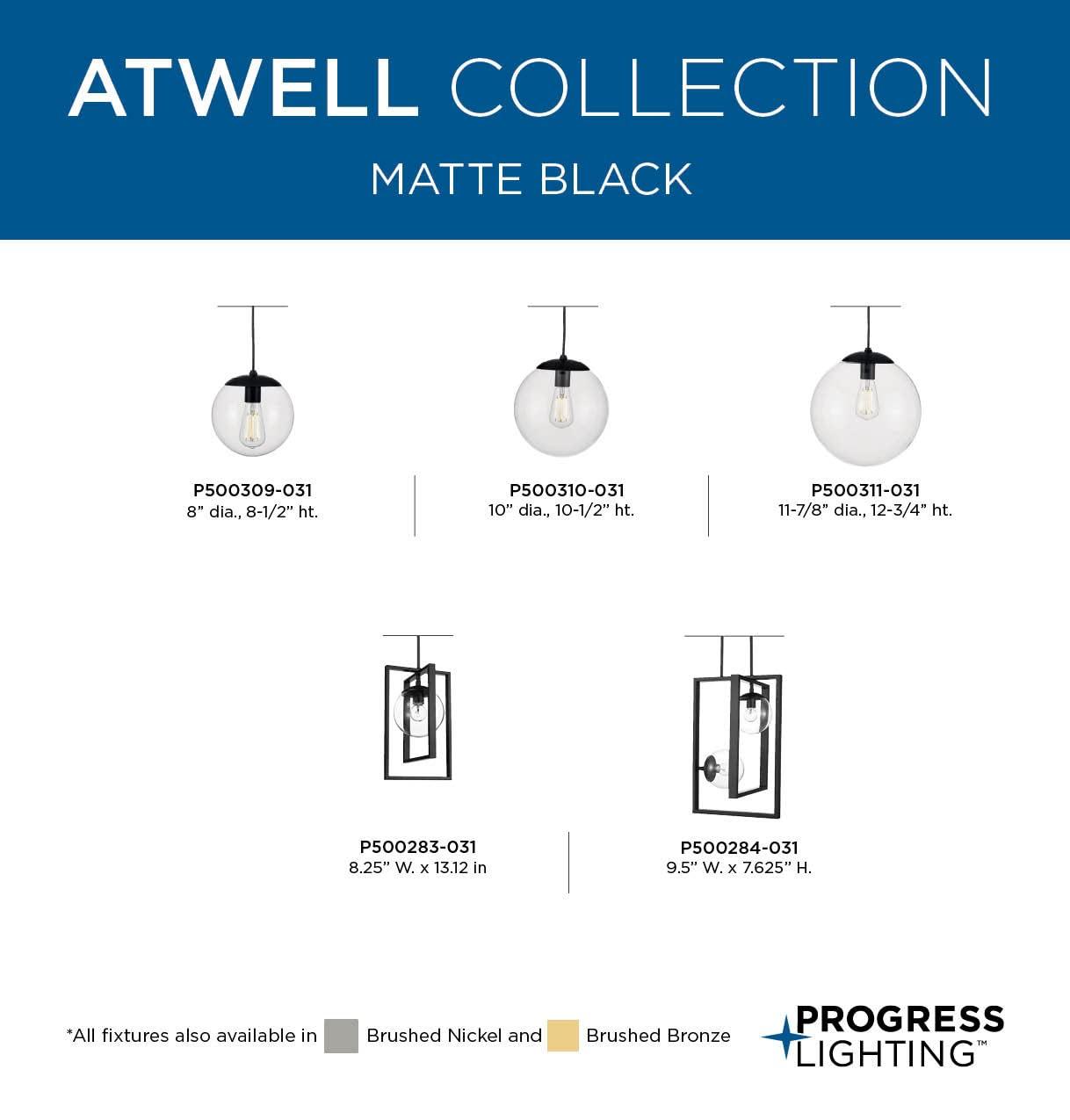 Progress Lighting, Atwell Collection, 1-Light, Pendant Light, Matte Black, Glass Globe Shade