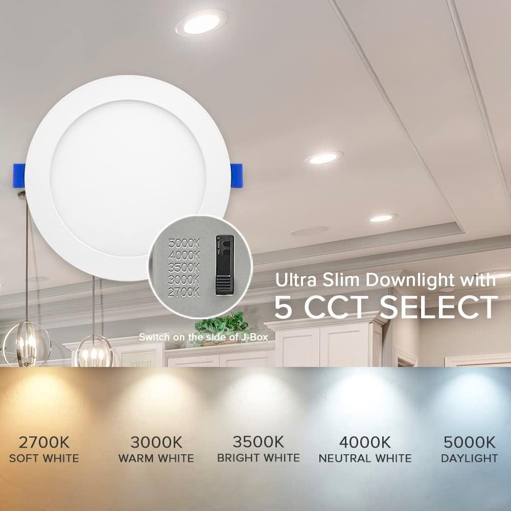 Maxxima 6 in. Slim Round Recessed LED Downlight, Canless IC Rated, 1050 Lumens, 5 CCT Color Selectable 2700K-5000K