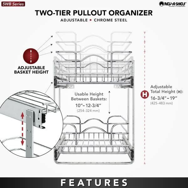 Rev-A-Shelf 5WB2 2-Tier Wire Basket Pull Out Shelf Storage for Kitchen Base Cabinet Organization, Chrome