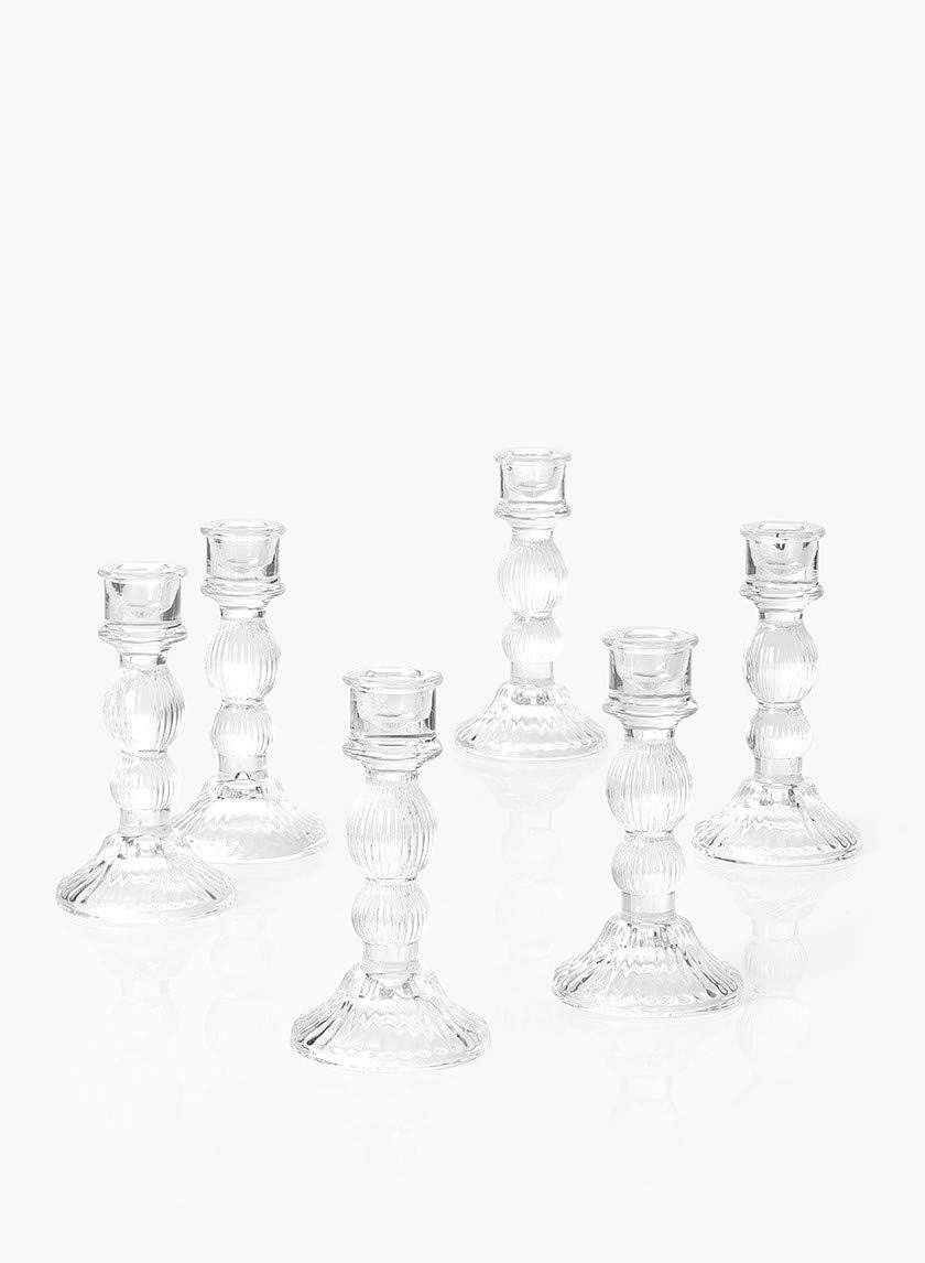 Set of 6 Clear Ribbed Glass Tabletop Candlestick Holders