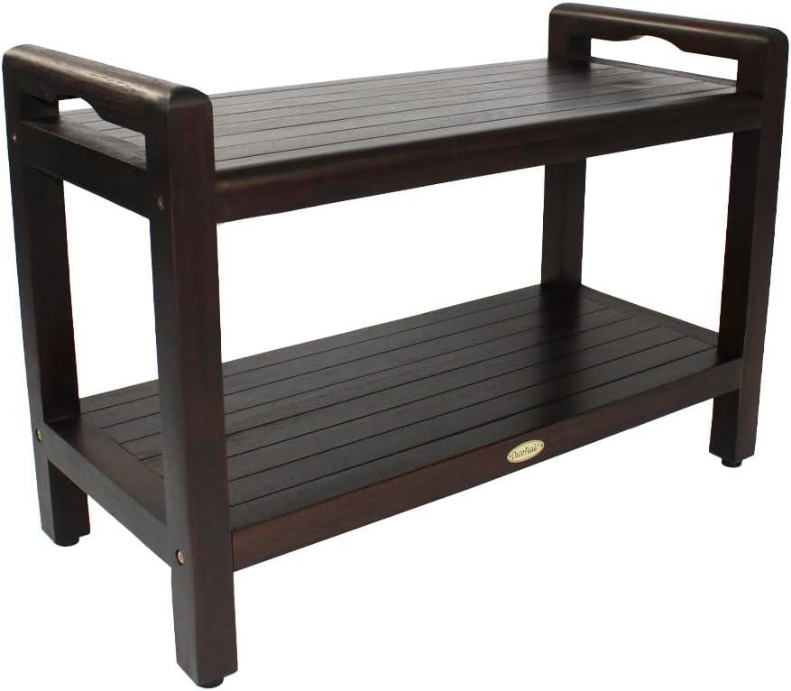 DecoTeak Eleganto 29 Inch Brown LiftAide Arms Waterproof Teak Wood Shower Bench Stool Seat Chair for Inside Shower Storage Shelf Provides Safety, Storage, and Organization for Bathroom Accessories