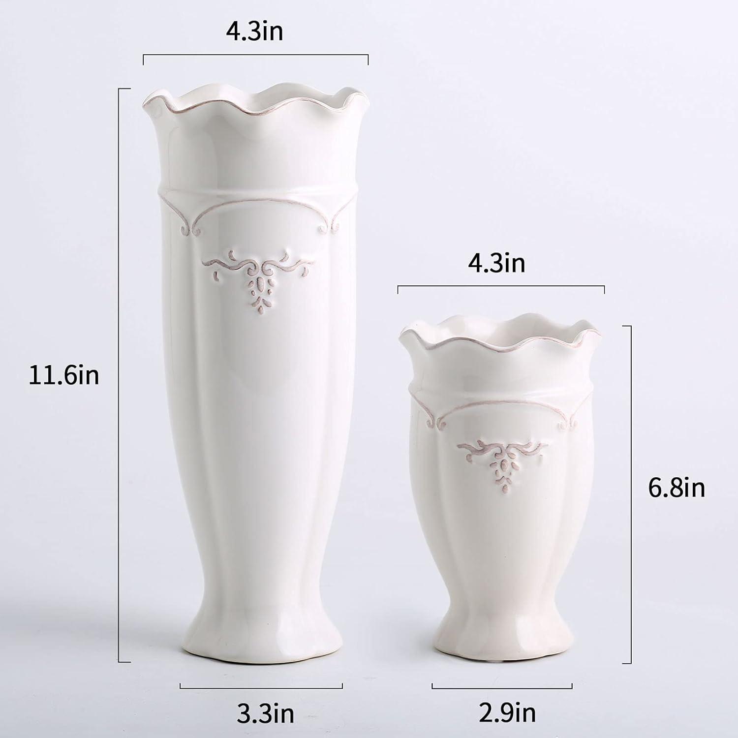 hjn White Vase for Flowers, Ceramic vase for Home Decor French Rustic Vase for Kitchen/Table/Living Room/Shelf/Mantel/Office-Height-6.8"