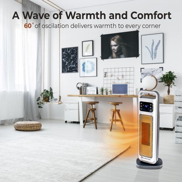 Comfort Zone 26" Oscillating Digital Tower Heater with Remote Control for Indoor Use, Adjustable Thermostat, Timer, Overheat Protection, Tip-Over Switch, Ideal for Home, Bedroom, & Office, HT1206-WHT