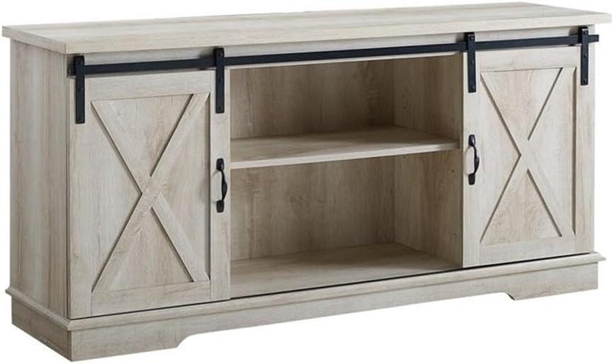 58" Modern Farmhouse Wood TV Stand with Sliding Barn Doors - Solid White Oak