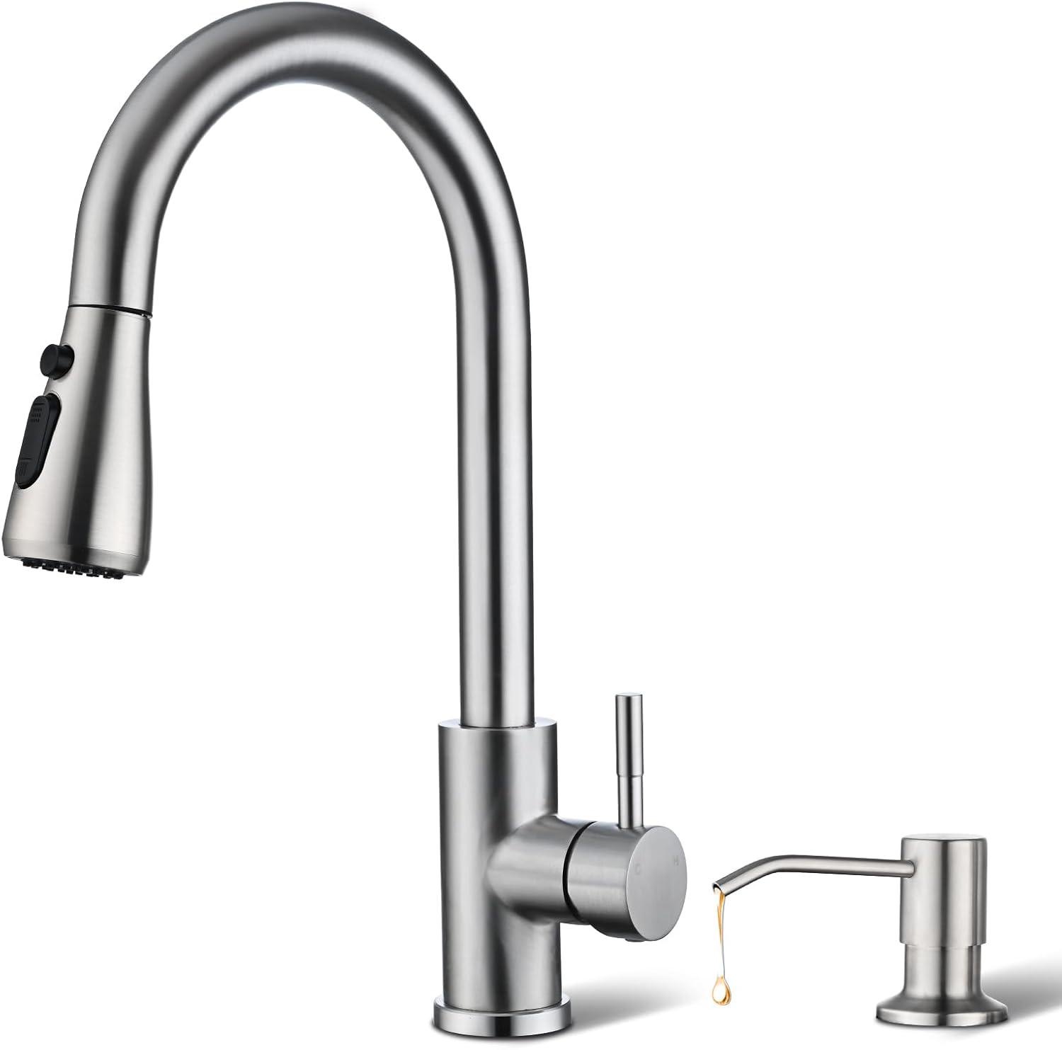 Brushed Nickel Single Handle Pull Down Kitchen Faucet with Soap Dispenser