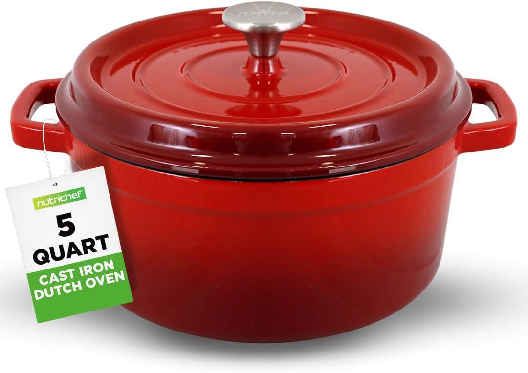 NutriChef 5 Quart Enameled Round Cast Iron Dutch Oven with Self Basting Lid, Red