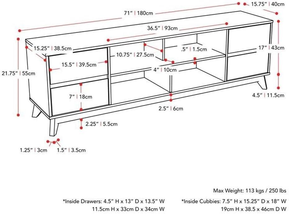 Hollywood Wood Grain TV Stand for TVs up to 85" with Drawers Brown - CorLiving: Mid-Century Modern Media Console