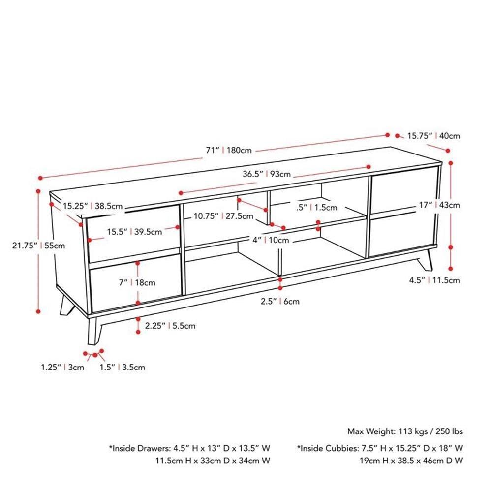 Hollywood Wood Grain TV Stand for TVs up to 85" with Drawers Brown - CorLiving: Mid-Century Modern Media Console