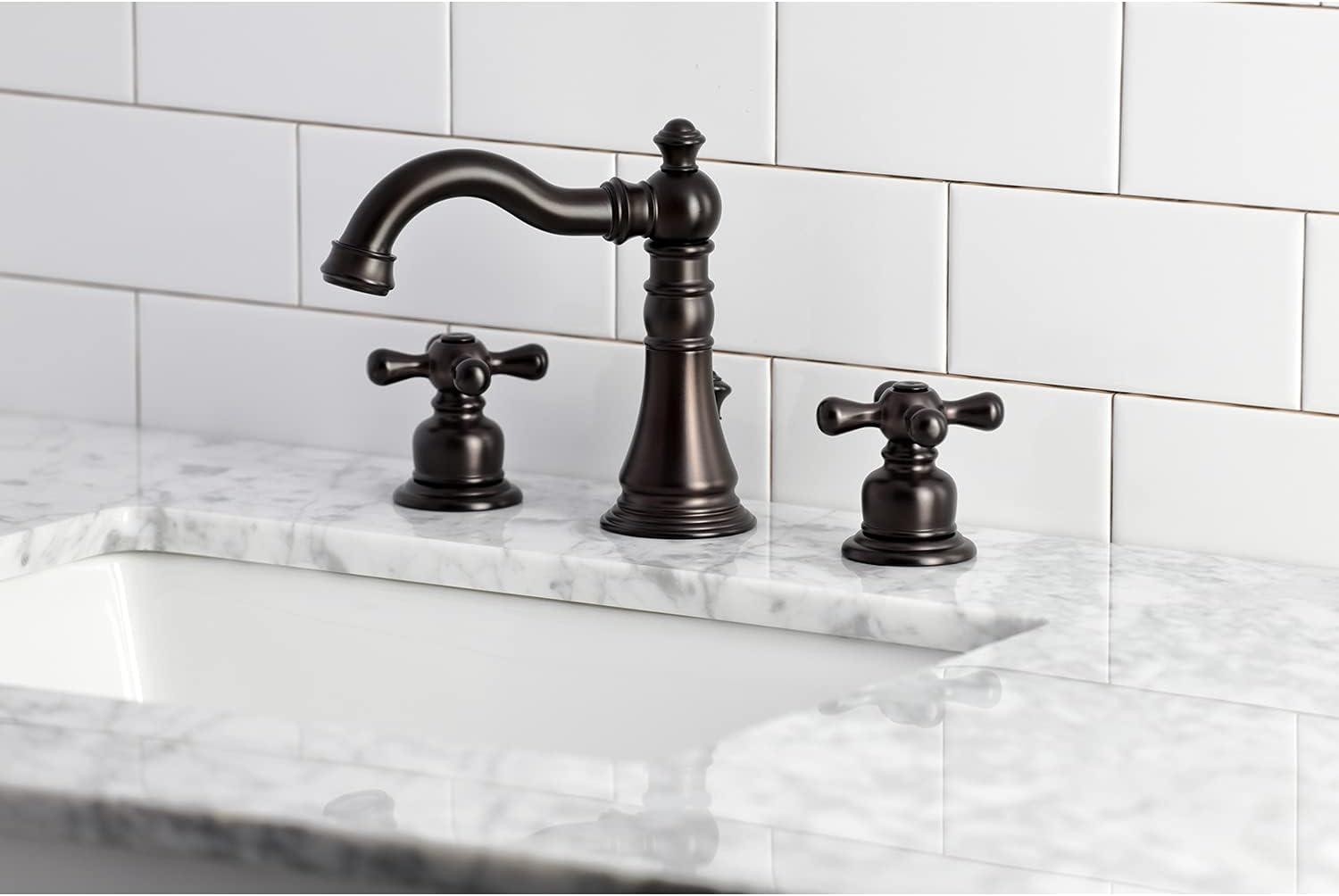 Kingston Brass American Classic Two-Handle 3-Hole Deck Mount Widespread Bathroom Faucet with Pop-Up Drain