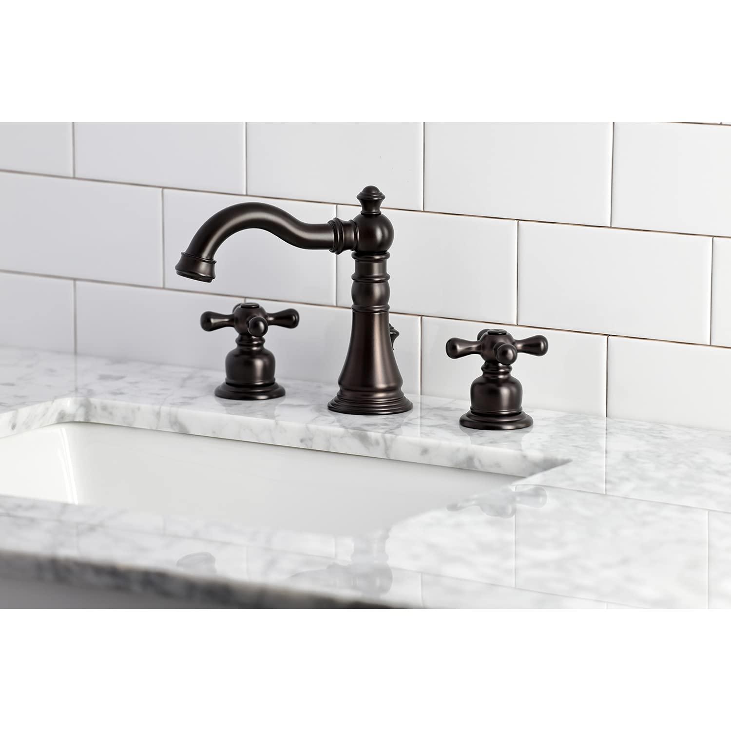 Kingston Brass American Classic Two-Handle 3-Hole Deck Mount Widespread Bathroom Faucet with Pop-Up Drain