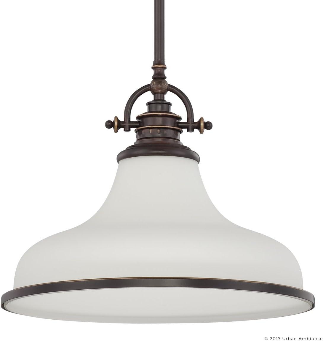 Urban Ambiance Luxury Industrial Hanging Pendant Light, Medium Size: 11.5"H x 13.5"W, with Americana Style Elements, Nostalgic Design, Oil Rubbed Parisian Bronze Finish and Opal Etched Glass, UQL2335