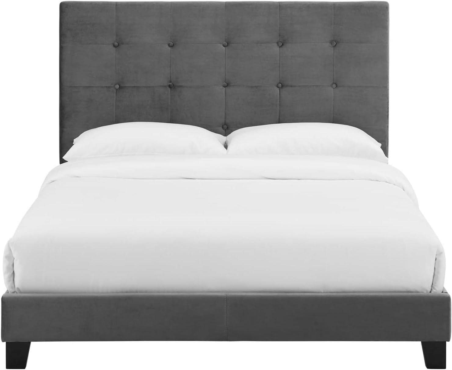 Dormitorio de Diseño Urbano Moderno y Contemporáneo con Plataforma de Tamaño Completo, Tela de Terciopelo, Gris Gris