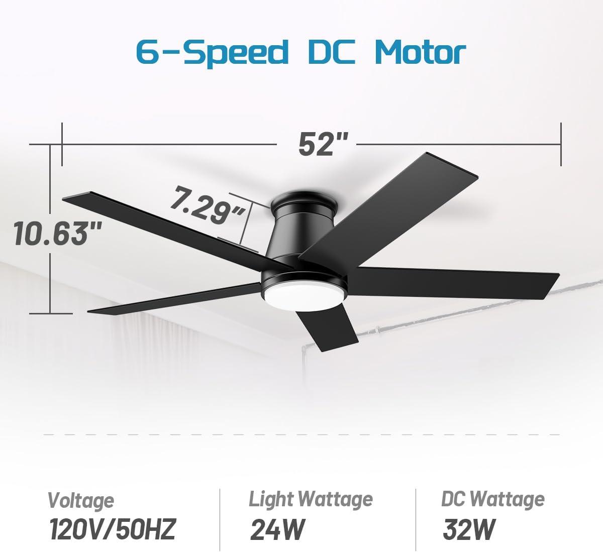 Low Profile 52" 5-Blades Indoor Flush Mount Ceiling Fan with Reversible DC Motor and Remote Control