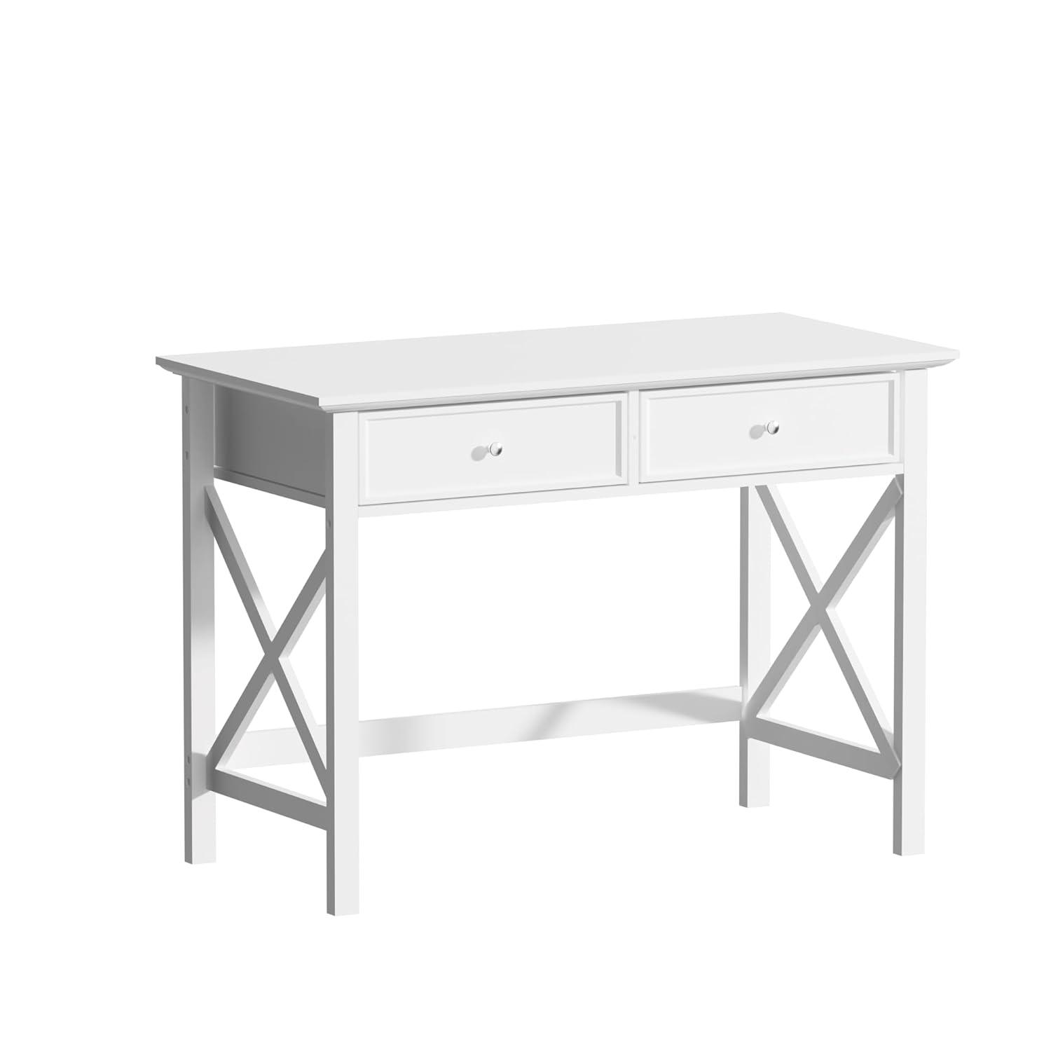 White Computer Desk with 2 Drawers, Modern Makeup Vanity Desk with Storage, Writing Desk for Home Office, 42'' Long Study Simple White Desk for Bedroom Console Table Living Room