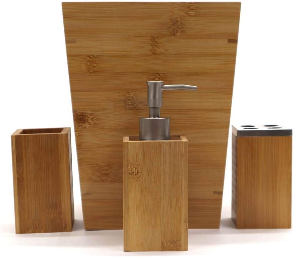 Bamboo and Brushed Aluminum 4-Piece Bathroom Accessory Set