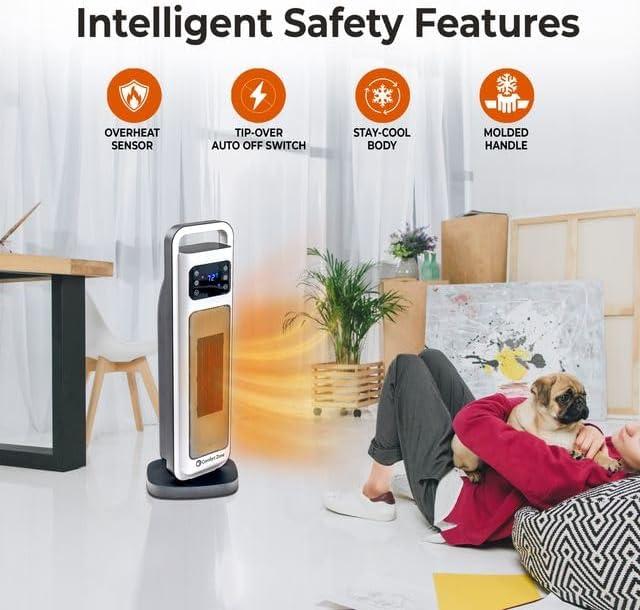 Comfort Zone 26" Oscillating Digital Tower Heater with Remote Control for Indoor Use, Adjustable Thermostat, Timer, Overheat Protection, Tip-Over Switch, Ideal for Home, Bedroom, & Office, HT1206-WHT