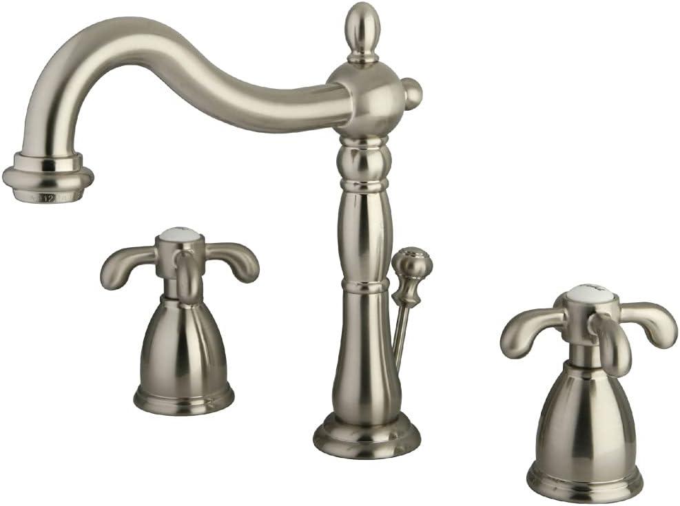 Kingston Brass French Country Two-Handle 3-Hole Deck Mount Widespread Bathroom Faucet with Pop-Up Drain