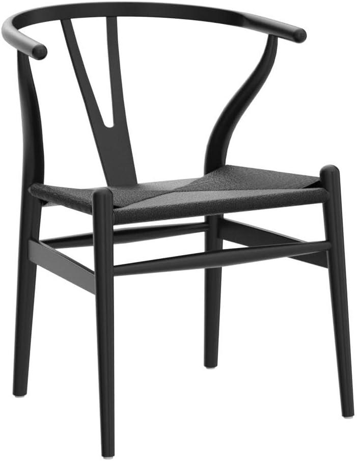 2xhome Set of 2 Wishbone Solid Wood Armchairs with Arms Open Y Back Farmhouse Dining Office Chairs with Woven Black Seat, Black