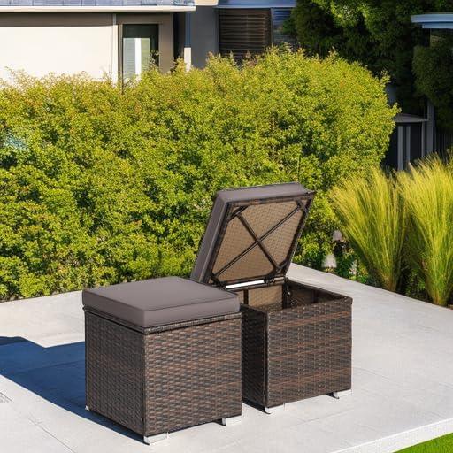 Gray Rattan Outdoor Storage Ottoman Set with Cushions