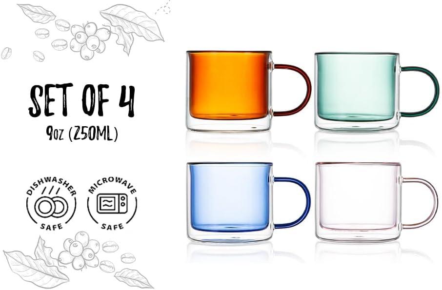 bacimi Bacimi Double Wall Insulated Coffee Mugs (set Of 4 / 9oz) - Clear Borosilicate Mug With Handle - Thermal Drinking Cups For Espresso, Cappuccino, Latte, Tea (Set of 4)