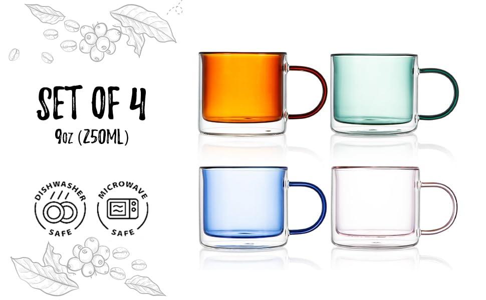 bacimi Bacimi Double Wall Insulated Coffee Mugs (set Of 4 / 9oz) - Clear Borosilicate Mug With Handle - Thermal Drinking Cups For Espresso, Cappuccino, Latte, Tea (Set of 4)