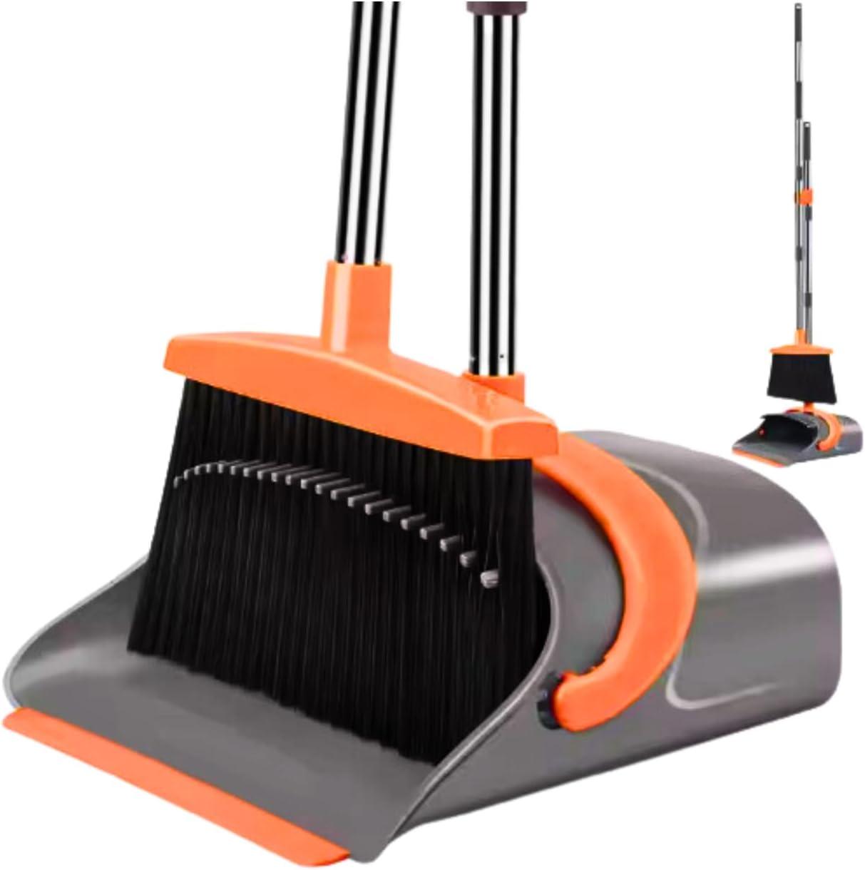 Adjustable Stainless Steel Broom and Dustpan Set with Orange Handle