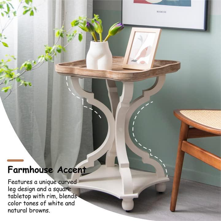 Rustic Farmhouse Cottagecore Accent End Table, Natural Tray Top Side Table Nightstand for Family, Dinning or Living Room, Handcrafted Finish, Modern, White