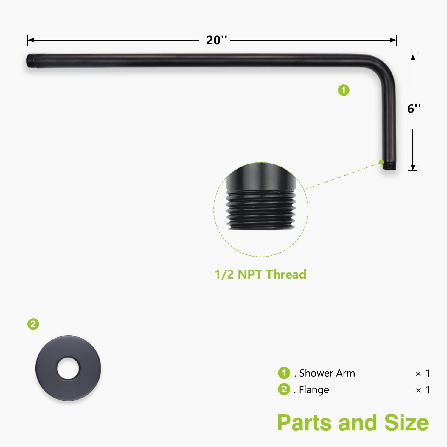 Naiture L Shaped, Corner Shower Head Extension Arm with Flange, 20 inch Length, Straight Lower Rain Fall Shower Head, Long Extender Pipe, Brass, Oil Rubbed Bronze Finish
